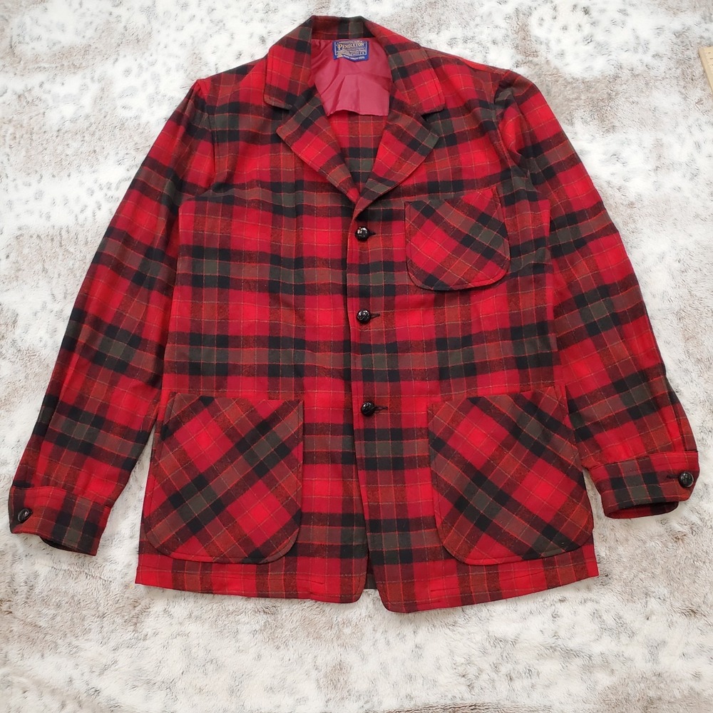 Vintage Pendleton Virgin Wool Chore Jacket Blazer Mens S Red Tartan Plaid 60s70s